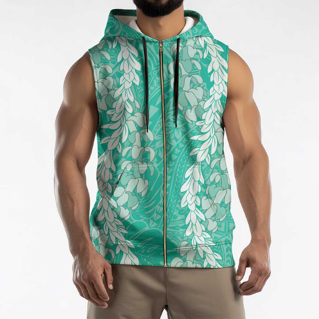 Puakenikeni and Maile Lei Sleeveless Zip Hoodie Sage Green Double Strand Lei - Polynesian Pride