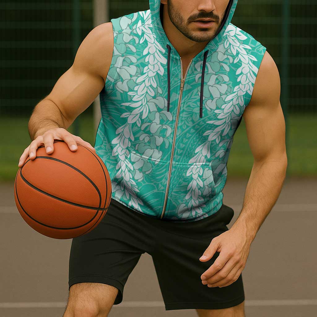 Puakenikeni and Maile Lei Sleeveless Zip Hoodie Sage Green Double Strand Lei - Polynesian Pride