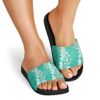 Puakenikeni and Maile Lei Slide Sandals Sage Green Double Strand Lei - Polynesian Pride