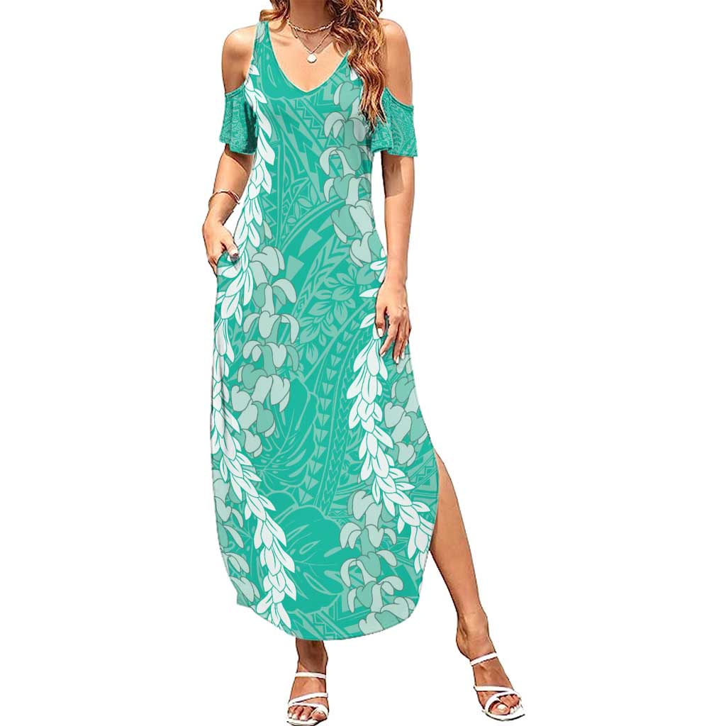 Puakenikeni and Maile Lei Summer Maxi Dress Sage Green Double Strand Lei