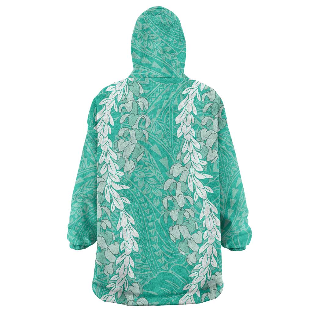 Puakenikeni and Maile Lei Wearable Blanket Hoodie Sage Green Double Strand Lei
