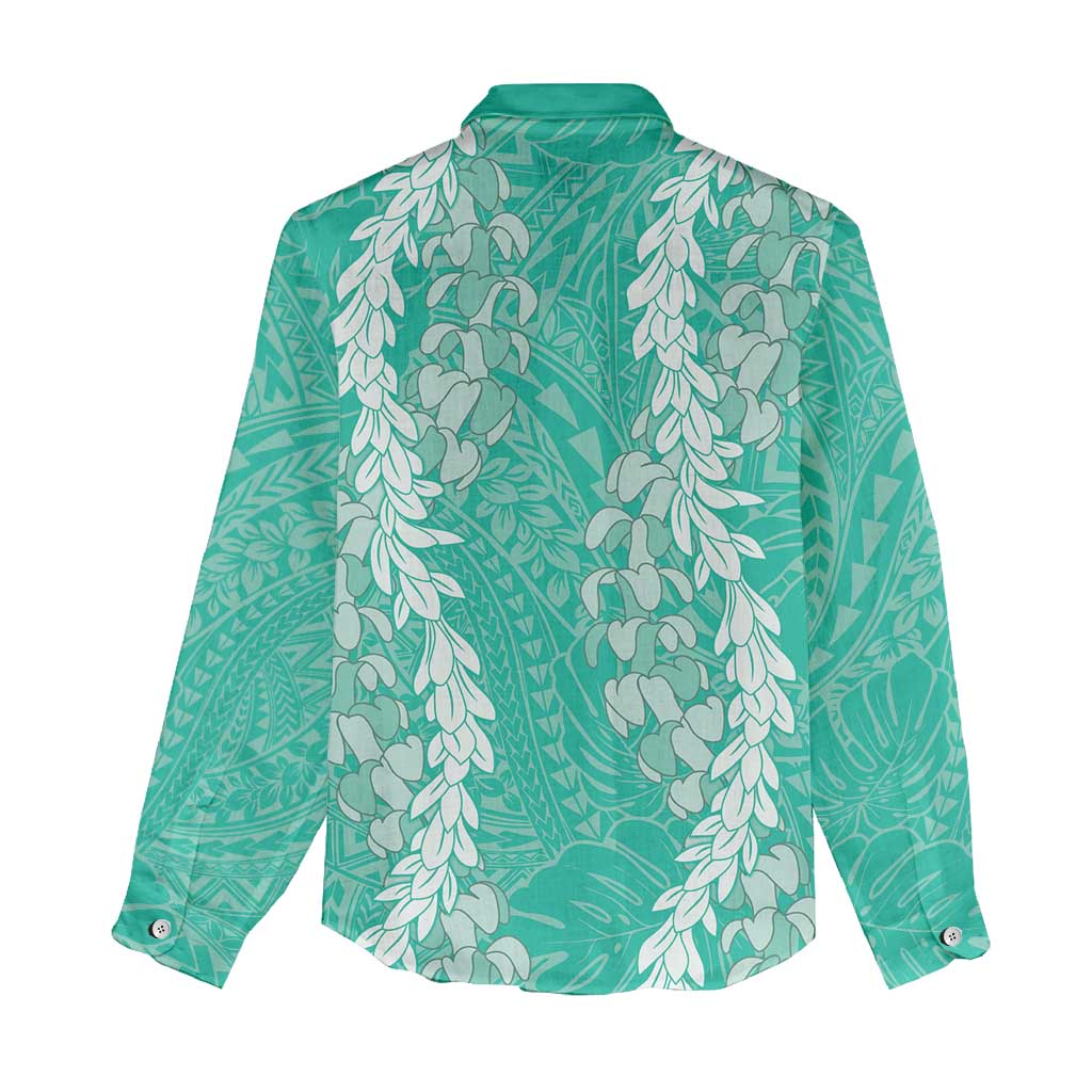 Puakenikeni and Maile Lei Women Casual Shirt Sage Green Double Strand Lei