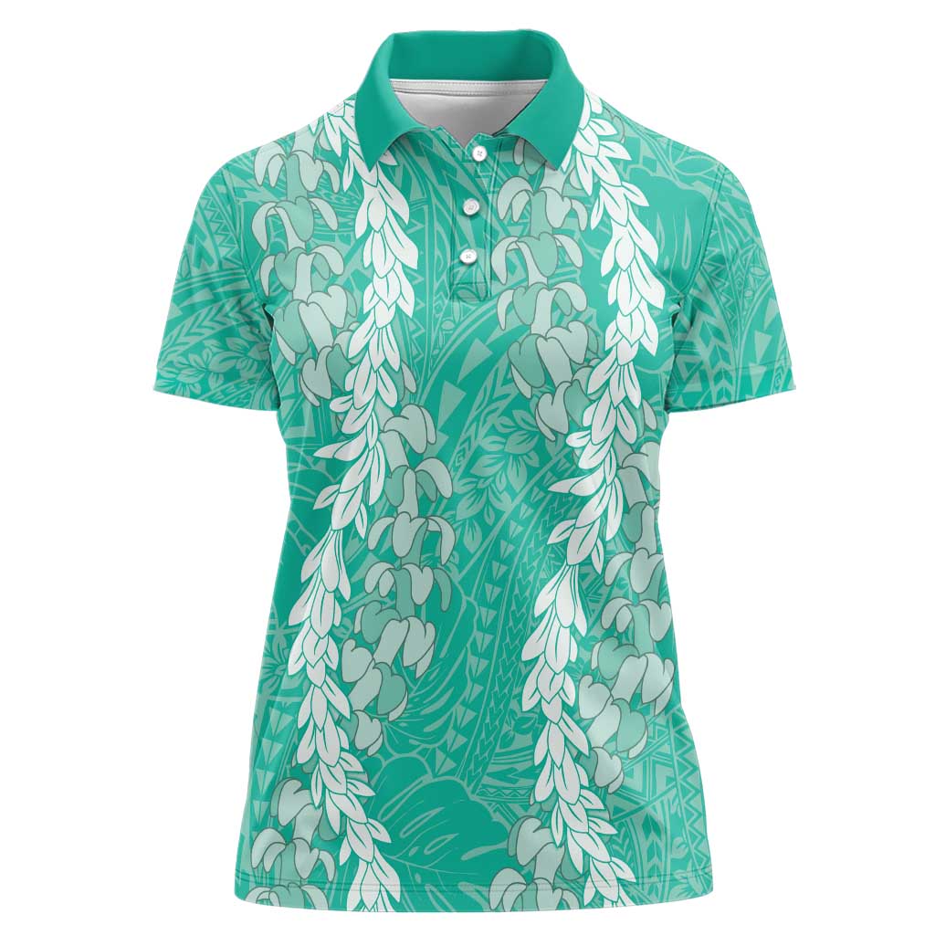Puakenikeni and Maile Lei Women Polo Shirt Sage Green Double Strand Lei