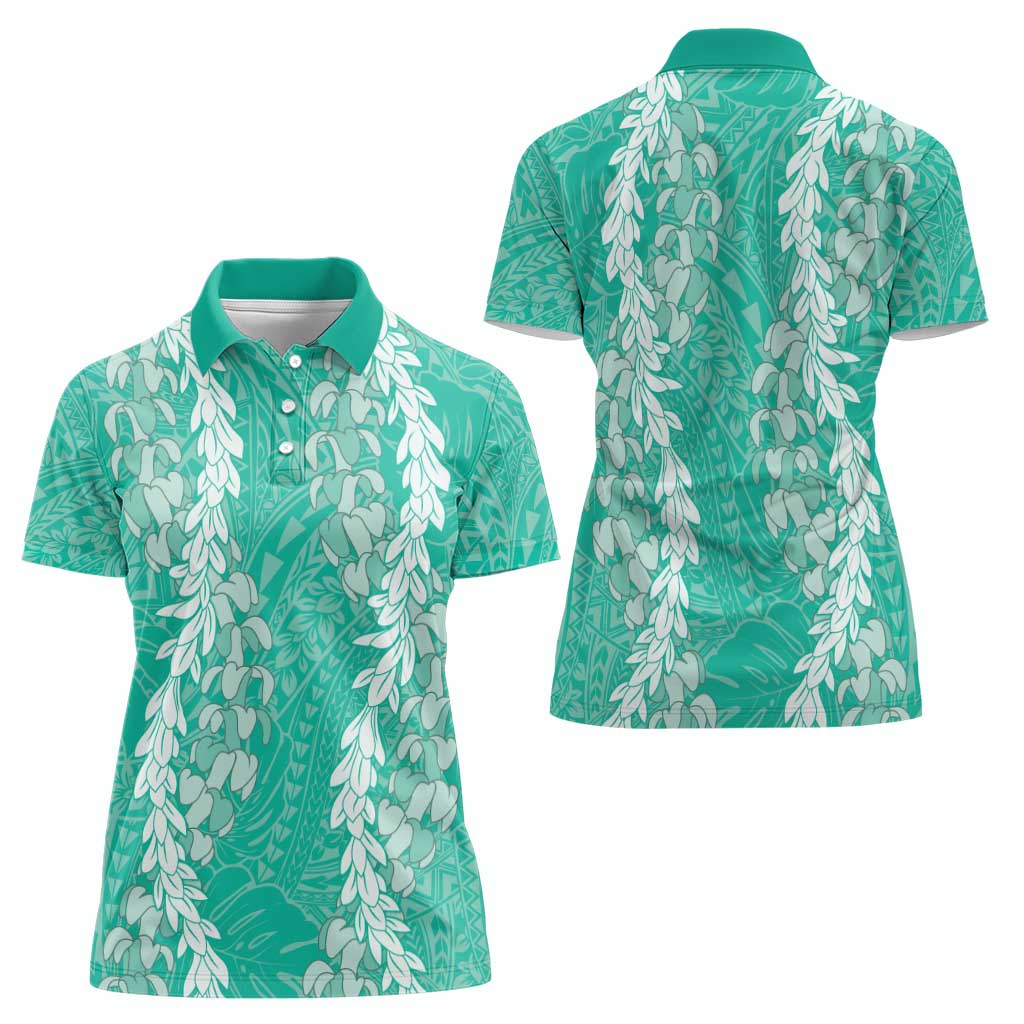 Puakenikeni and Maile Lei Women Polo Shirt Sage Green Double Strand Lei
