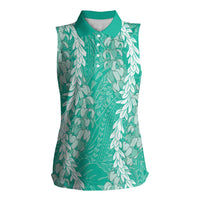 Puakenikeni and Maile Lei Women Sleeveless Polo Shirt Sage Green Double Strand Lei