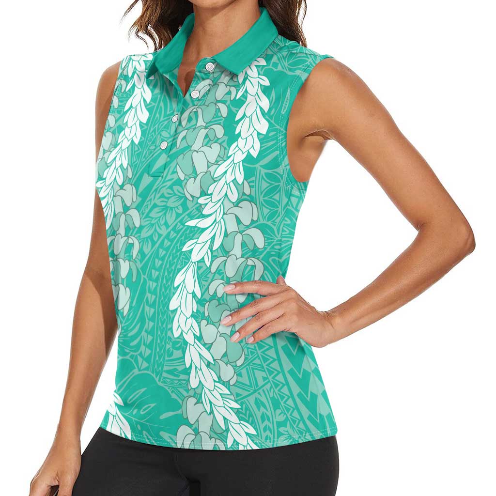 Puakenikeni and Maile Lei Women Sleeveless Polo Shirt Sage Green Double Strand Lei