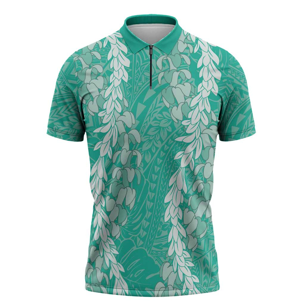 Puakenikeni and Maile Lei Zipper Polo Shirt Sage Green Double Strand Lei - Polynesian Pride