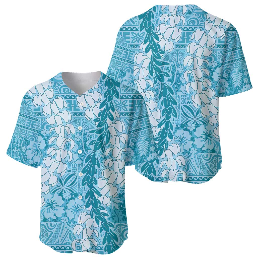 Blue Puakenikeni and Maile Lei Baseball Jersey Hawaiian Style Tribal Tapa Double Strand Lei