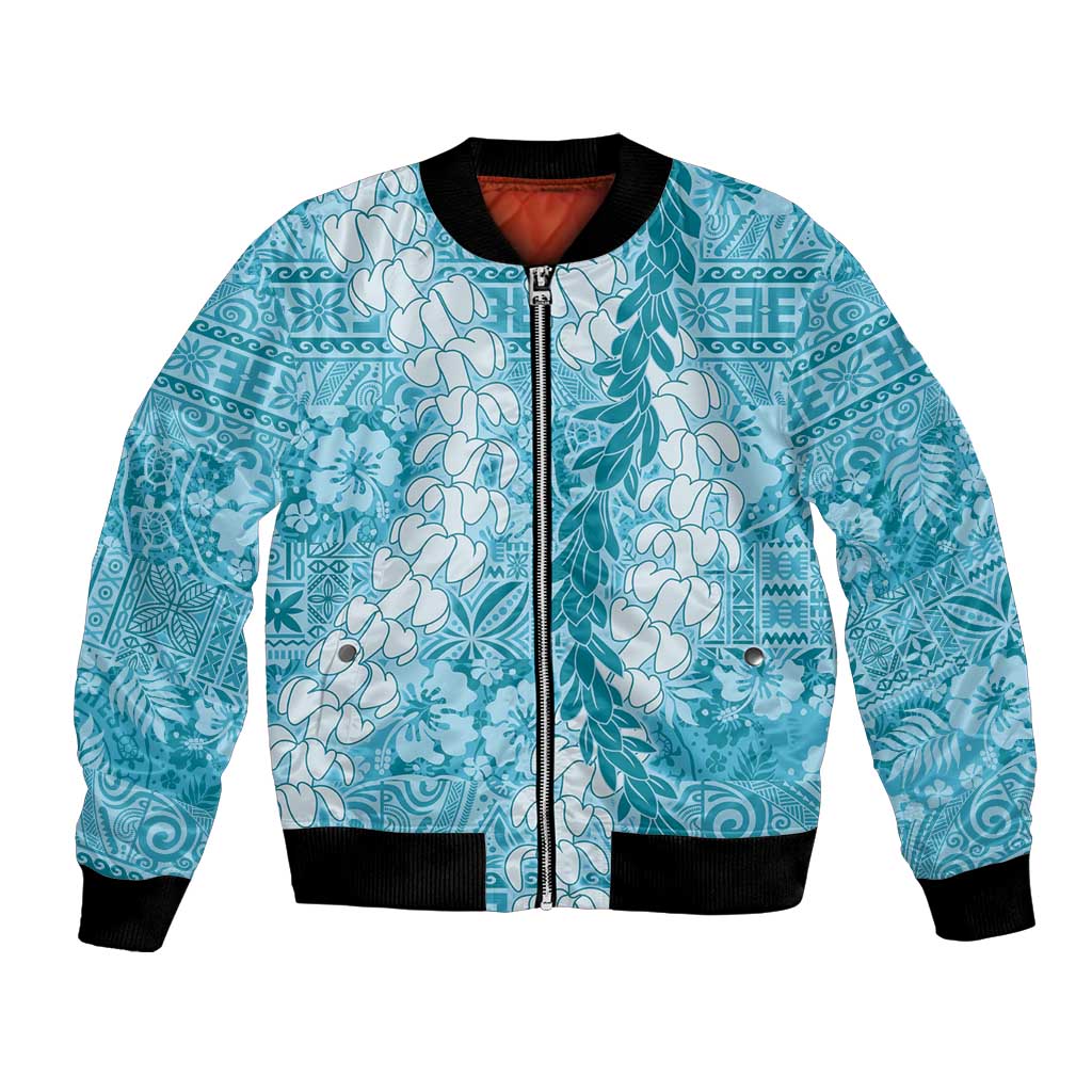 Blue Puakenikeni and Maile Lei Bomber Jacket Hawaiian Style Tribal Tapa Double Strand Lei LT9 Unisex Blue - Polynesian Pride