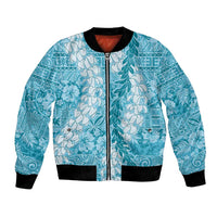 Blue Puakenikeni and Maile Lei Bomber Jacket Hawaiian Style Tribal Tapa Double Strand Lei LT9 Unisex Blue - Polynesian Pride