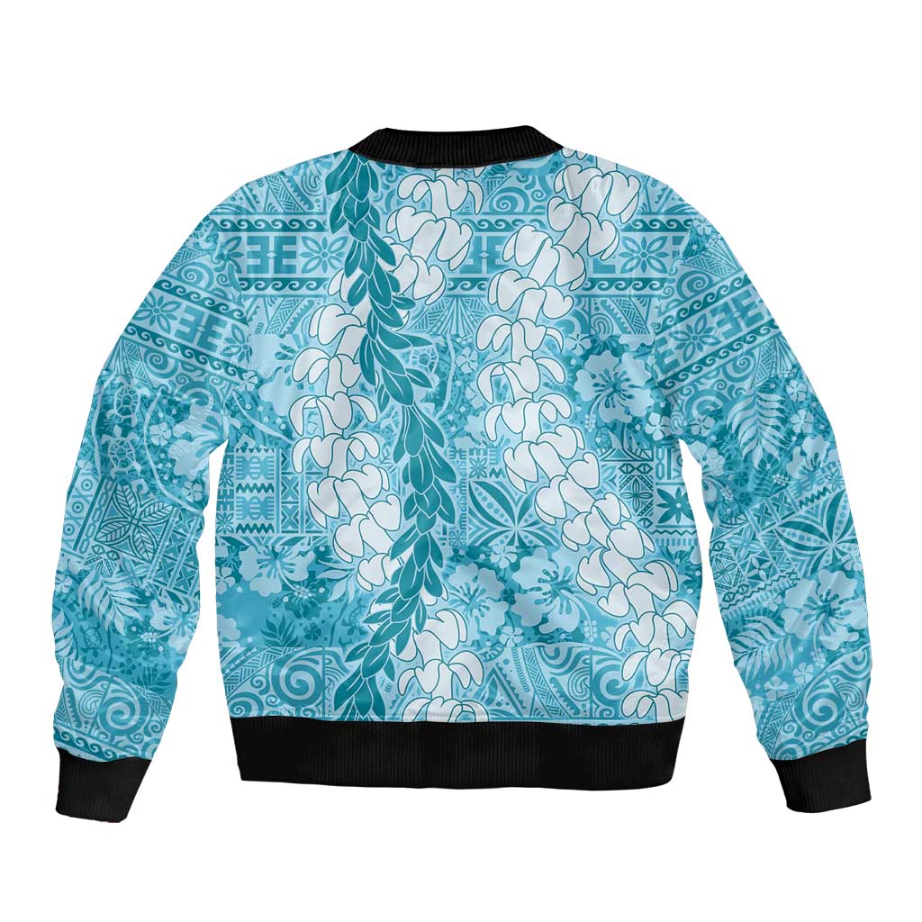 Blue Puakenikeni and Maile Lei Bomber Jacket Hawaiian Style Tribal Tapa Double Strand Lei LT9 - Polynesian Pride