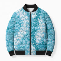 Blue Puakenikeni and Maile Lei Bomber Puffer Jacket Hawaiian Style Tribal Tapa Double Strand Lei - Polynesian Pride