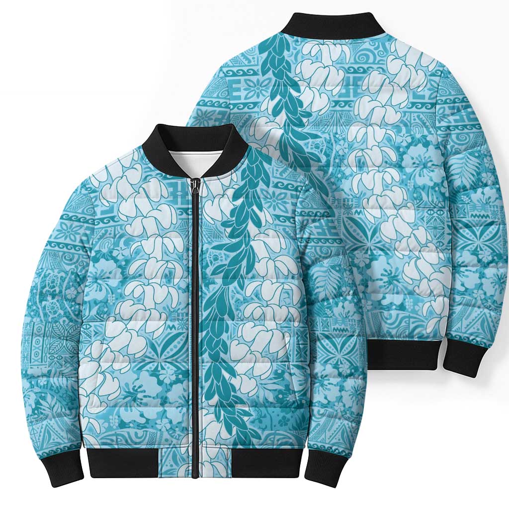 Blue Puakenikeni and Maile Lei Bomber Puffer Jacket Hawaiian Style Tribal Tapa Double Strand Lei - Polynesian Pride