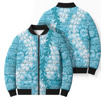 Blue Puakenikeni and Maile Lei Bomber Puffer Jacket Hawaiian Style Tribal Tapa Double Strand Lei - Polynesian Pride