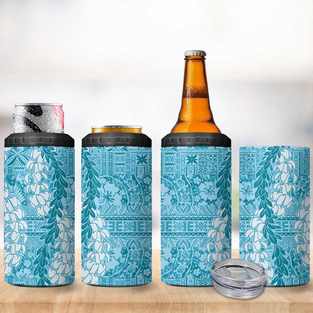 Blue Puakenikeni and Maile Lei 4 in 1 Can Cooler Tumbler Hawaiian Style Tribal Tapa Double Strand Lei