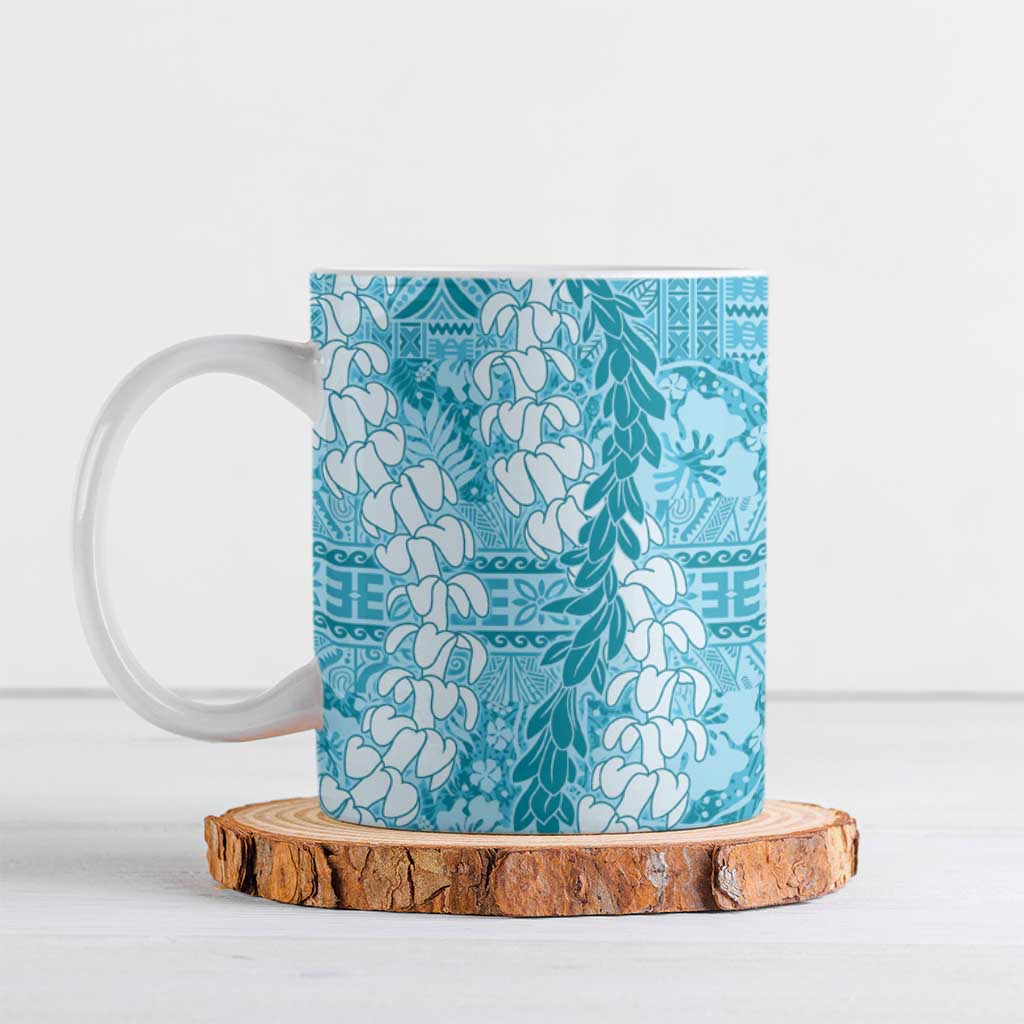 Blue Puakenikeni and Maile Lei Ceramic Mug Hawaiian Style Tribal Tapa Double Strand Lei - Polynesian Pride