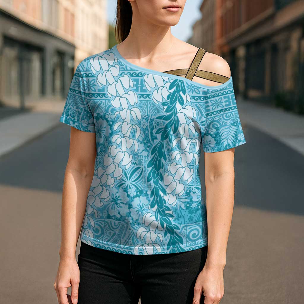 Blue Puakenikeni and Maile Lei Cross Shoulder Shirt Hawaiian Style Tribal Tapa Double Strand Lei - Polynesian Pride