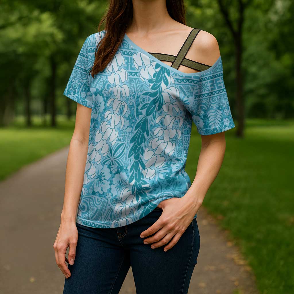 Blue Puakenikeni and Maile Lei Cross Shoulder Shirt Hawaiian Style Tribal Tapa Double Strand Lei - Polynesian Pride