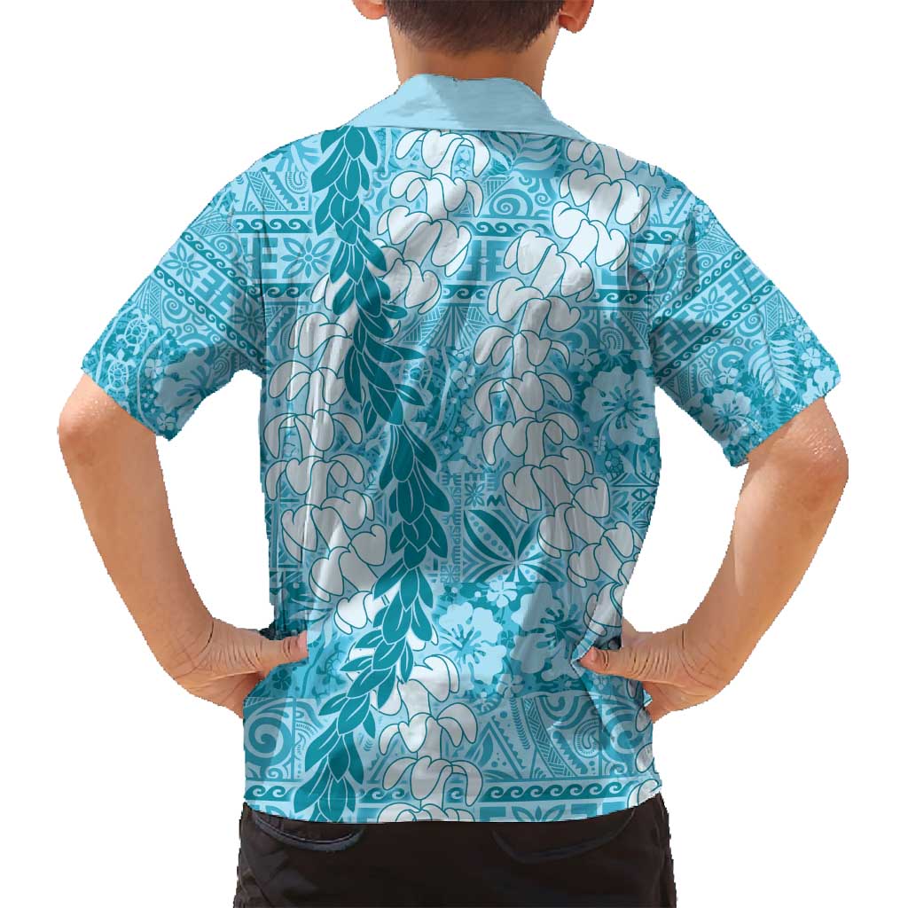 Blue Puakenikeni and Maile Lei Family Matching Long Sleeve Bodycon Dress and Hawaiian Shirt Hawaiian Style Tribal Tapa Double Strand Lei LT9 - Polynesian Pride