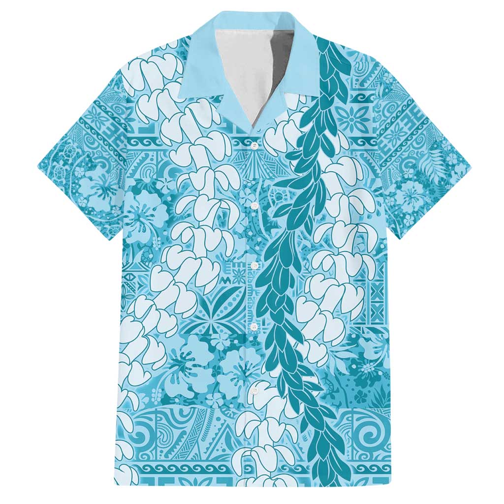Blue Puakenikeni and Maile Lei Family Matching Long Sleeve Bodycon Dress and Hawaiian Shirt Hawaiian Style Tribal Tapa Double Strand Lei LT9 Dad's Shirt - Short Sleeve Blue - Polynesian Pride