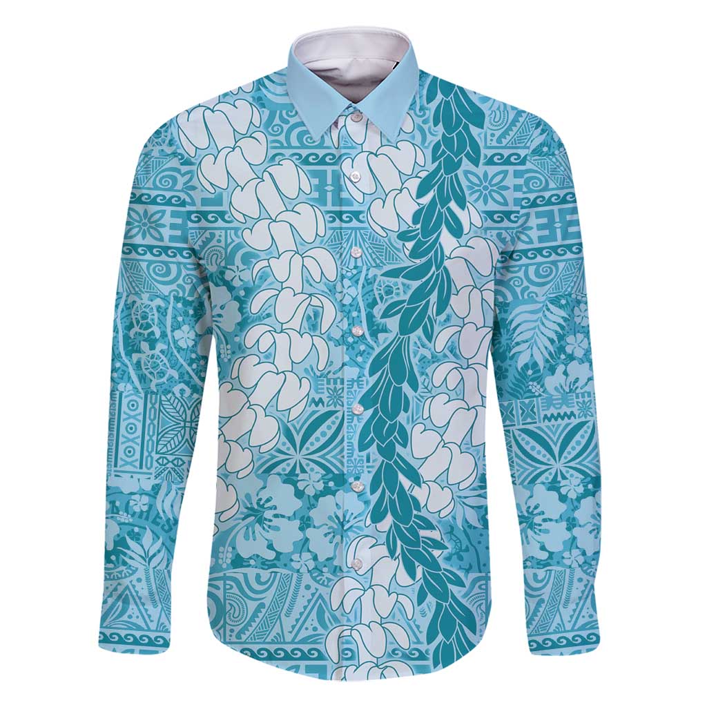 Blue Puakenikeni and Maile Lei Family Matching Long Sleeve Bodycon Dress and Hawaiian Shirt Hawaiian Style Tribal Tapa Double Strand Lei LT9 Dad's Shirt - Long Sleeve Blue - Polynesian Pride