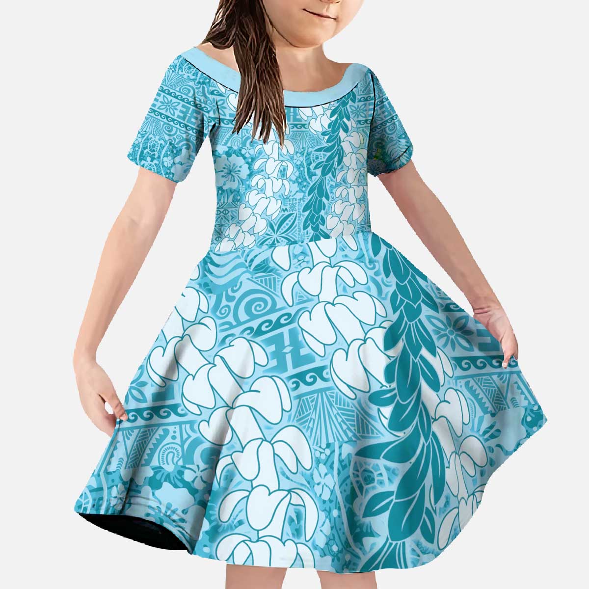 Blue Puakenikeni and Maile Lei Family Matching Off The Shoulder Long Sleeve Dress and Hawaiian Shirt Hawaiian Style Tribal Tapa Double Strand Lei LT9 Daughter's Dress Blue - Polynesian Pride
