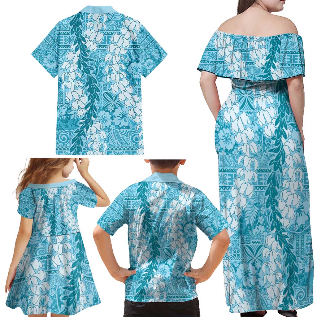 Blue Puakenikeni and Maile Lei Family Matching Off Shoulder Maxi Dress and Hawaiian Shirt Hawaiian Style Tribal Tapa Double Strand Lei