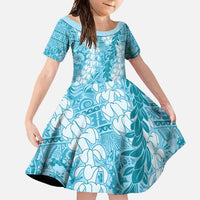 Blue Puakenikeni and Maile Lei Family Matching Short Sleeve Bodycon Dress and Hawaiian Shirt Hawaiian Style Tribal Tapa Double Strand Lei LT9 Daughter's Dress Blue - Polynesian Pride