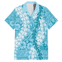 Blue Puakenikeni and Maile Lei Family Matching Short Sleeve Bodycon Dress and Hawaiian Shirt Hawaiian Style Tribal Tapa Double Strand Lei LT9 Dad's Shirt - Short Sleeve Blue - Polynesian Pride