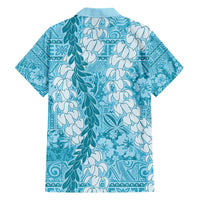Blue Puakenikeni and Maile Lei Family Matching Short Sleeve Bodycon Dress and Hawaiian Shirt Hawaiian Style Tribal Tapa Double Strand Lei LT9 - Polynesian Pride
