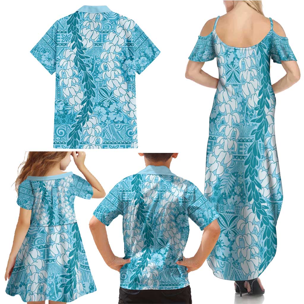 Blue Puakenikeni and Maile Lei Family Matching Summer Maxi Dress and Hawaiian Shirt Hawaiian Style Tribal Tapa Double Strand Lei