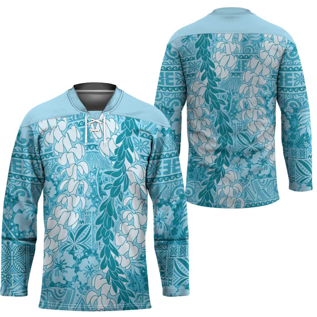 Blue Puakenikeni and Maile Lei Hockey Jersey Hawaiian Style Tribal Tapa Double Strand Lei - Polynesian Pride