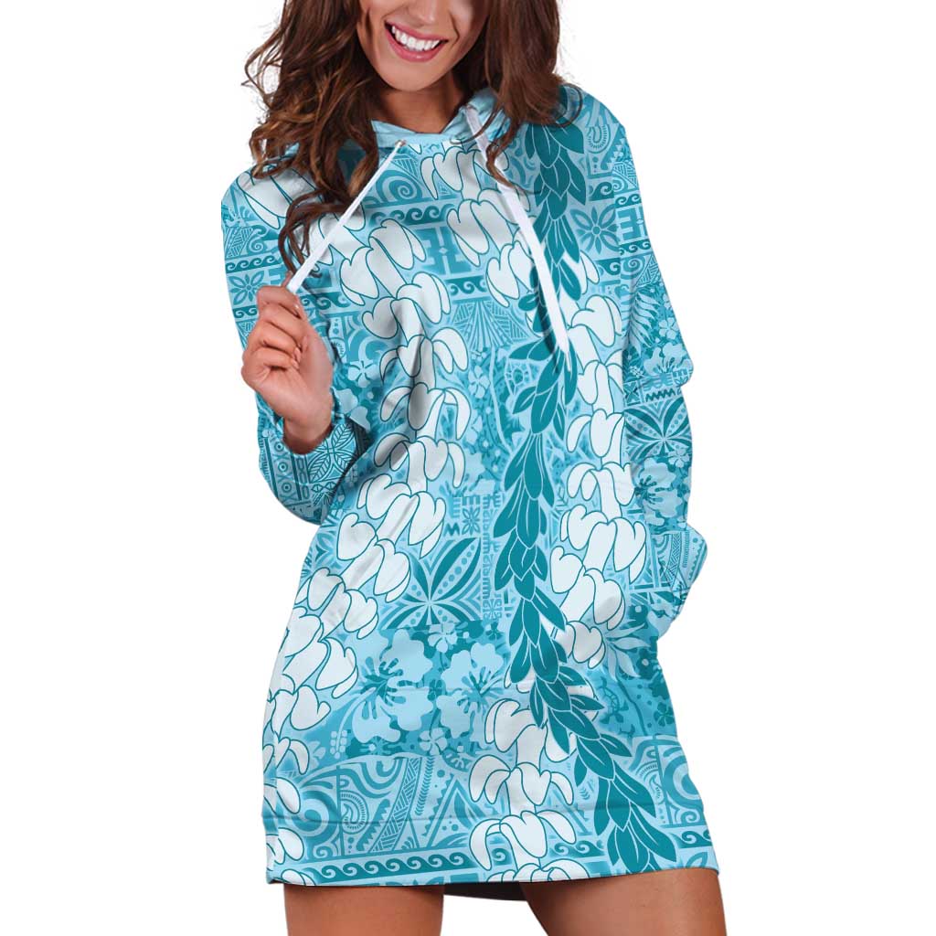 Blue Puakenikeni and Maile Lei Hoodie Dress Hawaiian Style Tribal Tapa Double Strand Lei