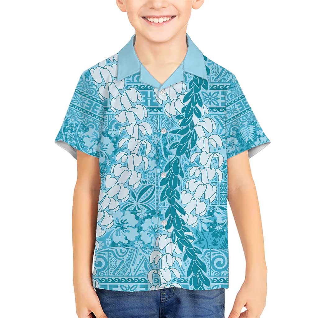 Blue Puakenikeni and Maile Lei Kid Hawaiian Shirt Hawaiian Style Tribal Tapa Double Strand Lei LT9 Kid Blue - Polynesian Pride