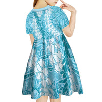 Blue Puakenikeni and Maile Lei Kid Short Sleeve Dress Hawaiian Style Tribal Tapa Double Strand Lei