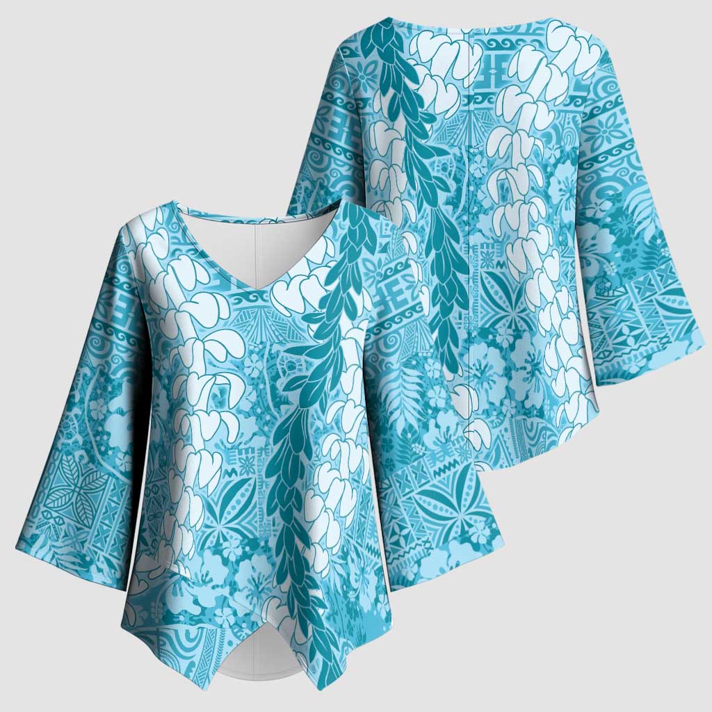 Blue Puakenikeni and Maile Lei Kimono Sleeve Blouse Hawaiian Style Tribal Tapa Double Strand Lei - Polynesian Pride