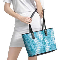 Blue Puakenikeni and Maile Lei Leather Tote Bag Hawaiian Style Tribal Tapa Double Strand Lei