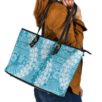 Blue Puakenikeni and Maile Lei Leather Tote Bag Hawaiian Style Tribal Tapa Double Strand Lei