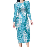 Blue Puakenikeni and Maile Lei Long Sleeve Bodycon Dress Hawaiian Style Tribal Tapa Double Strand Lei