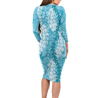 Blue Puakenikeni and Maile Lei Long Sleeve Bodycon Dress Hawaiian Style Tribal Tapa Double Strand Lei