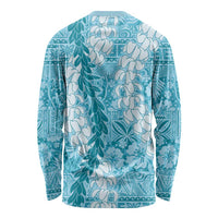 Blue Puakenikeni and Maile Lei Long Sleeve Shirt Hawaiian Style Tribal Tapa Double Strand Lei