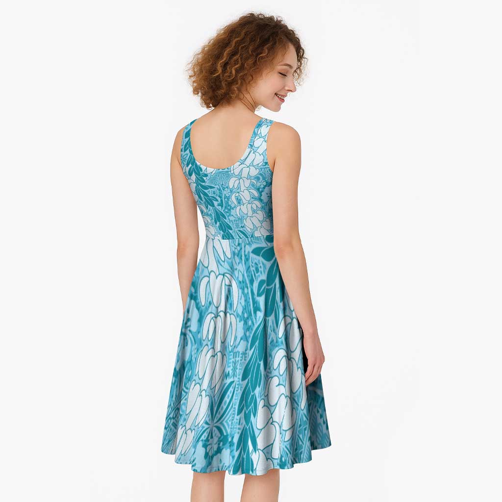 Blue Puakenikeni and Maile Lei Midi Dress Hawaiian Style Tribal Tapa Double Strand Lei - Polynesian Pride