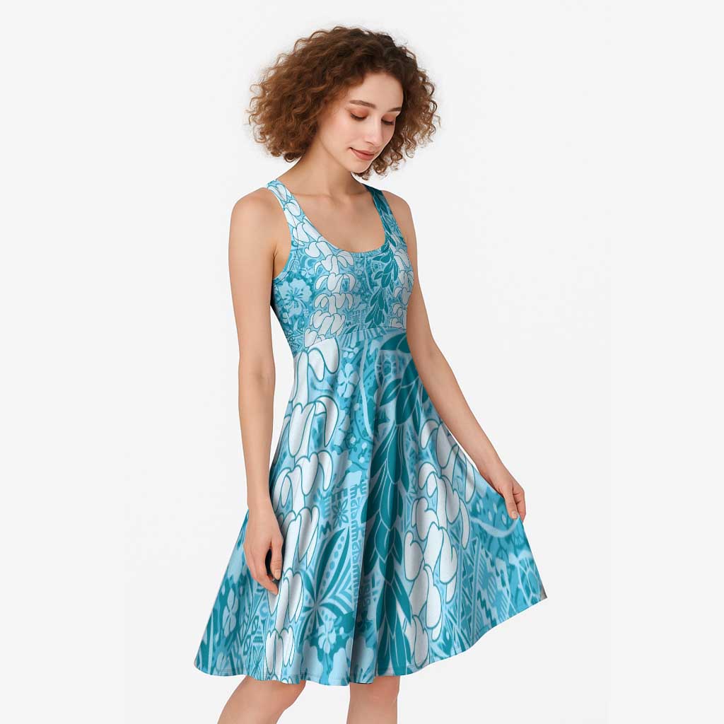 Blue Puakenikeni and Maile Lei Midi Dress Hawaiian Style Tribal Tapa Double Strand Lei - Polynesian Pride