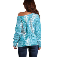 Blue Puakenikeni and Maile Lei Off Shoulder Sweater Hawaiian Style Tribal Tapa Double Strand Lei