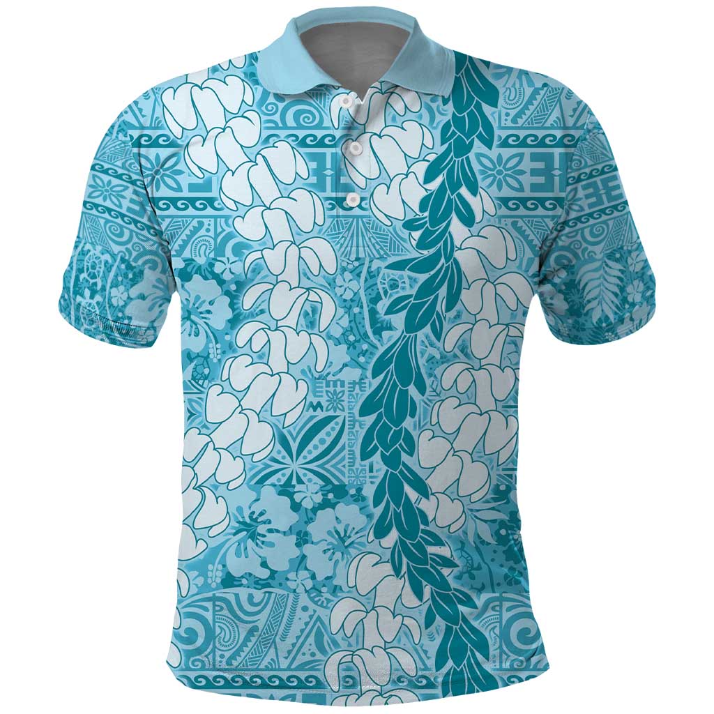 Blue Puakenikeni and Maile Lei Polo Shirt Hawaiian Style Tribal Tapa Double Strand Lei