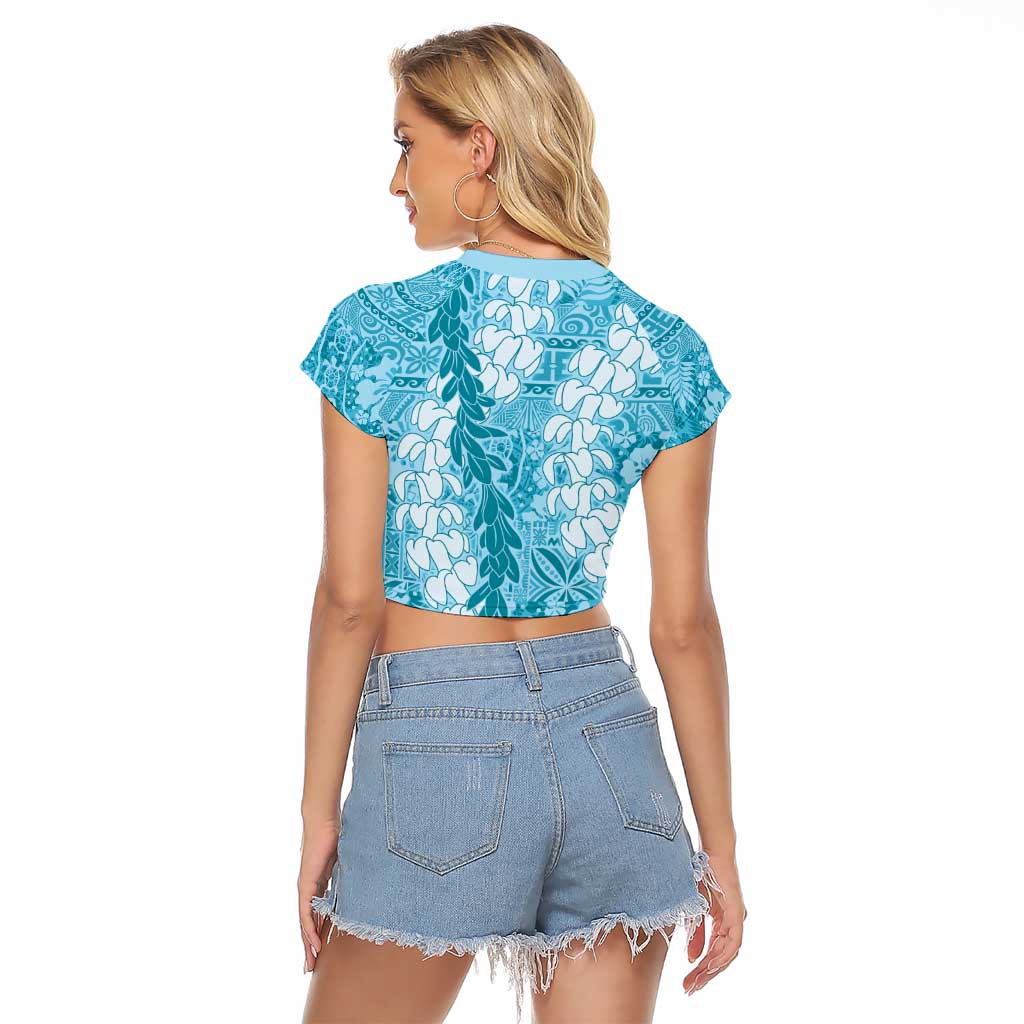 Blue Puakenikeni and Maile Lei Raglan Cropped T Shirt Hawaiian Style Tribal Tapa Double Strand Lei