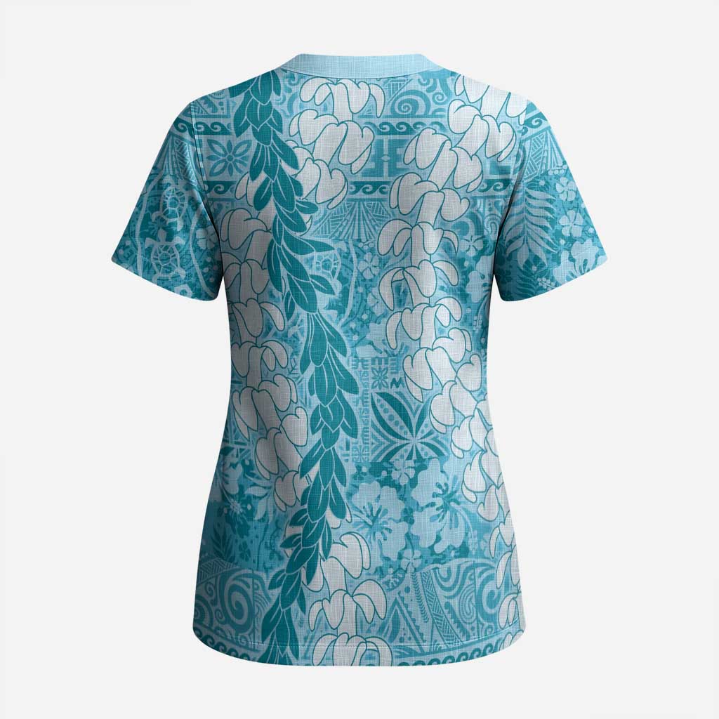 Blue Puakenikeni and Maile Lei Scrub Top Hawaiian Style Tribal Tapa Double Strand Lei - Polynesian Pride