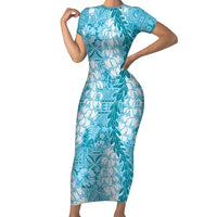 Blue Puakenikeni and Maile Lei Short Sleeve Bodycon Dress Hawaiian Style Tribal Tapa Double Strand Lei