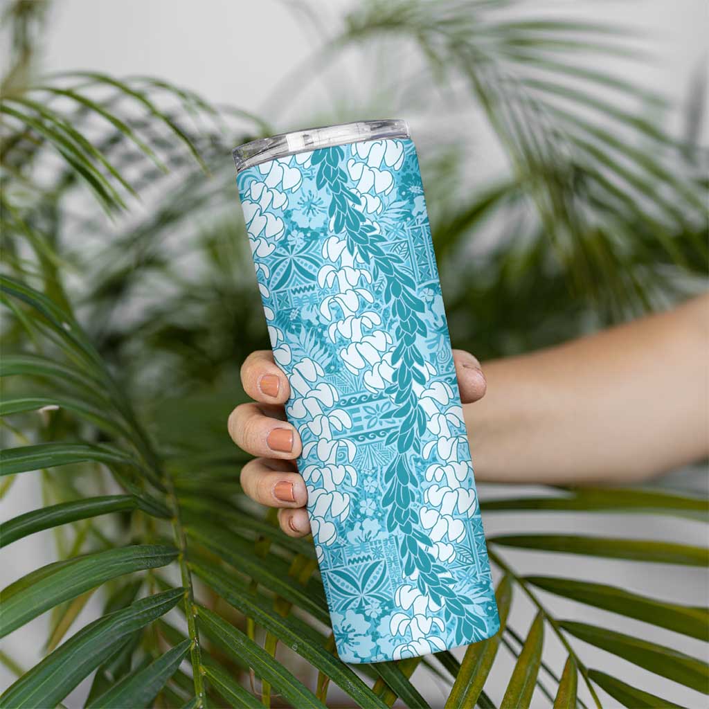 Blue Puakenikeni and Maile Lei Skinny Tumbler Hawaiian Style Tribal Tapa Double Strand Lei