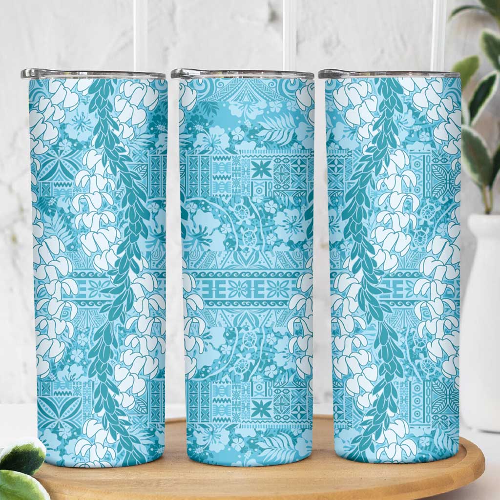 Blue Puakenikeni and Maile Lei Skinny Tumbler Hawaiian Style Tribal Tapa Double Strand Lei